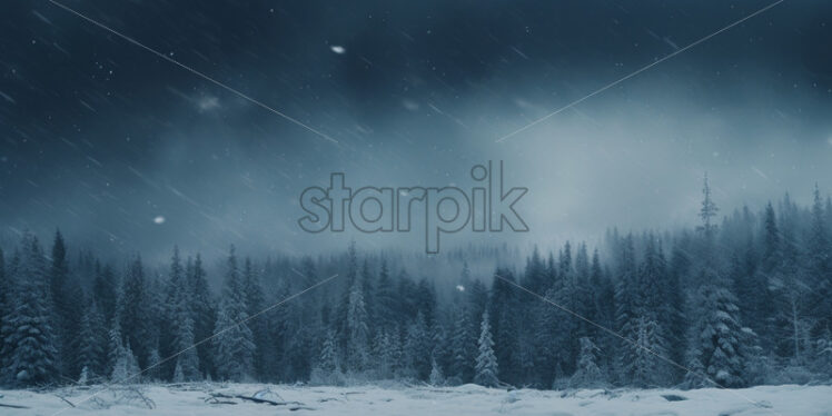 A field with Fir trees during a snowstorm - Starpik Stock