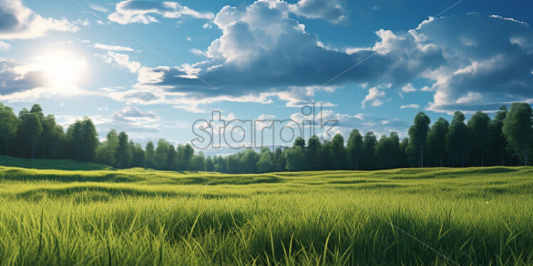 A field with grass flowers, in the background a forest - Starpik Stock