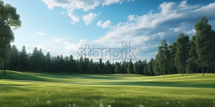 A field with grass flowers, in the background a forest - Starpik Stock