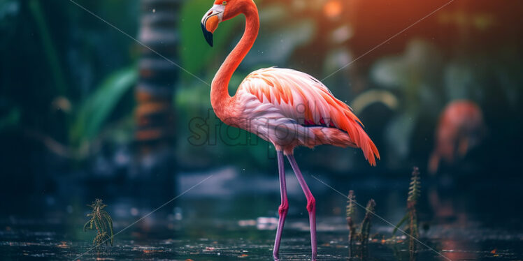 A flamingo walking through the water of a lake in a tropical forest - Starpik Stock