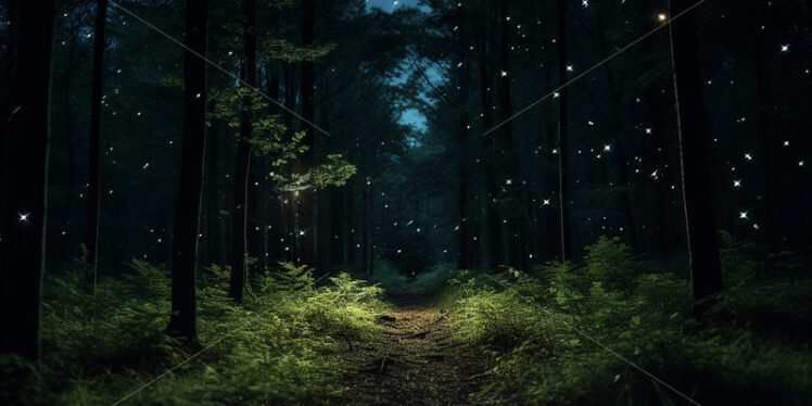 A forest full of bright fireflies at night - Starpik Stock