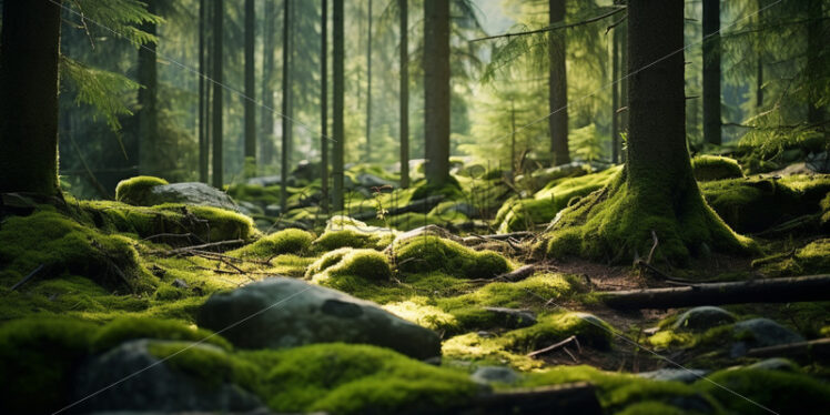 A forest of pines, stones on which there is moss - Starpik Stock