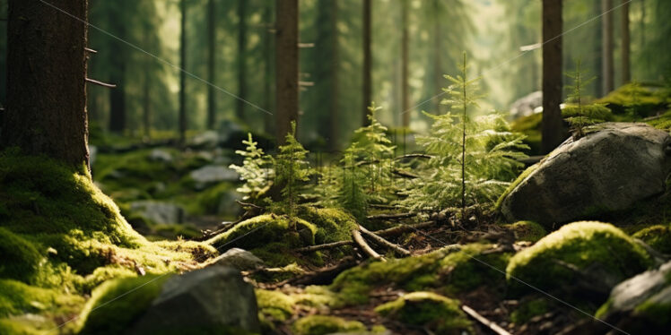 A forest of pines, stones on which there is moss - Starpik Stock