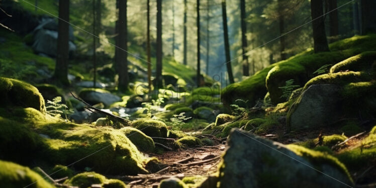 A forest of pines, stones on which there is moss - Starpik Stock