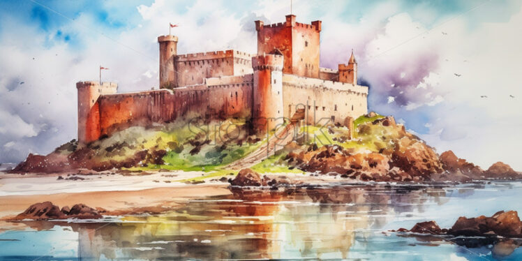 A fortress on the island, watercolor painting - Starpik Stock