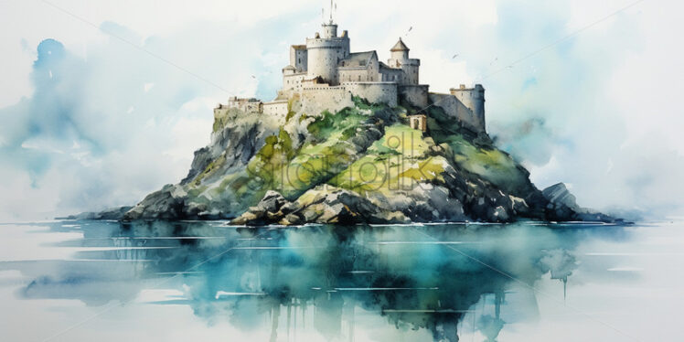 A fortress on the island, watercolor painting - Starpik Stock