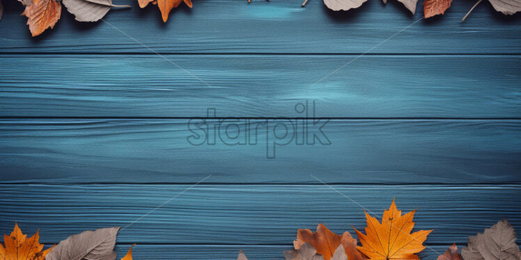 A frame of dry leaves formed on a blue wooden table - Starpik Stock