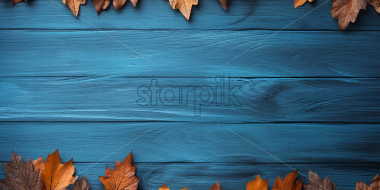 A frame of dry leaves formed on a blue wooden table - Starpik Stock