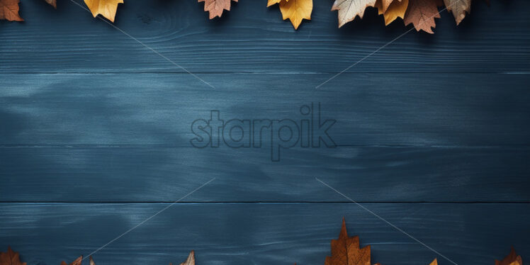 A frame of dry leaves formed on a blue wooden table - Starpik Stock