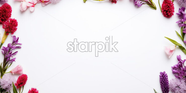 A frame of multicolored flowers on a white background - Starpik Stock