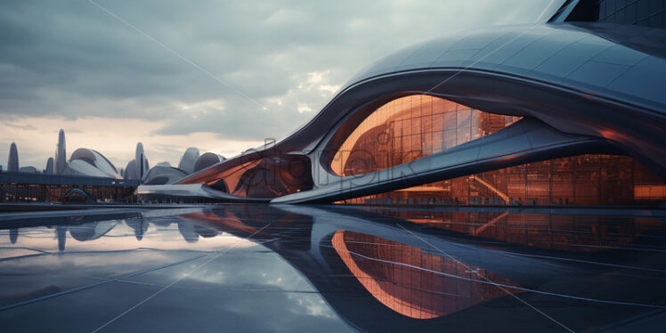 A futuristic building on the background of a city of the future - Starpik Stock