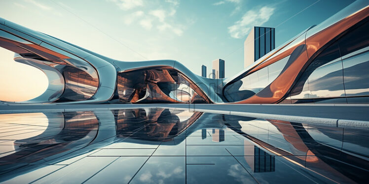 A futuristic building on the background of a city of the future - Starpik Stock