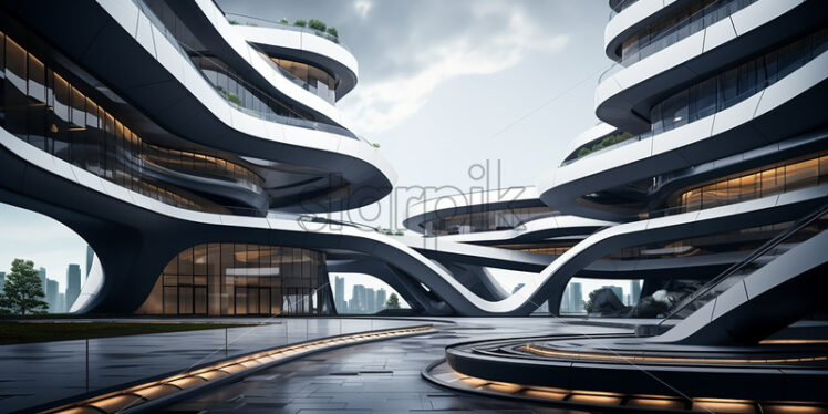 A futuristic building on the background of a city of the future - Starpik Stock