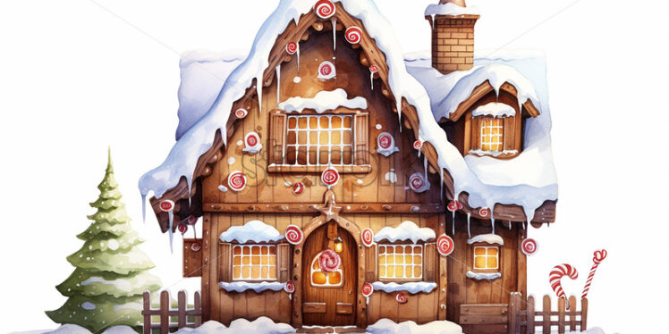 A gingerbread house painted in watercolor on a white background - Starpik Stock