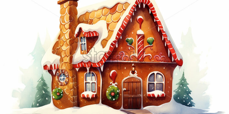 A gingerbread house painted in watercolor on a white background - Starpik Stock