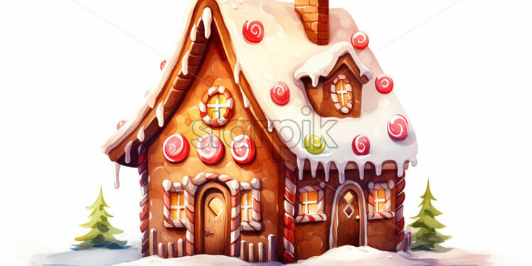 A gingerbread house painted in watercolor on a white background - Starpik Stock