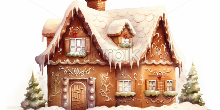 A gingerbread house painted in watercolor on a white background - Starpik Stock