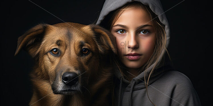 A girl and a dog on a black background - Starpik Stock