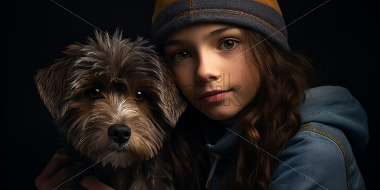 A girl and a dog on a black background - Starpik Stock