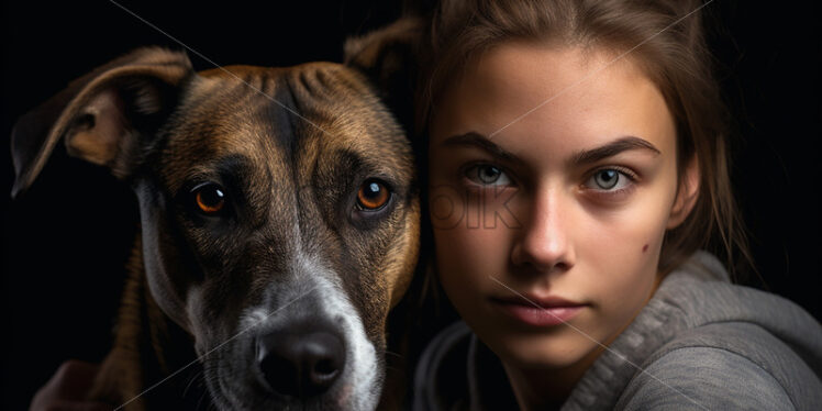 A girl and a dog on a black background - Starpik Stock