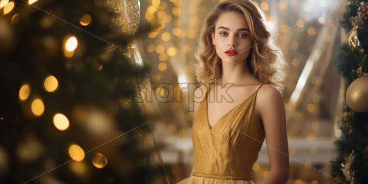 A girl in a golden dress in a Christmas atmosphere - Starpik Stock