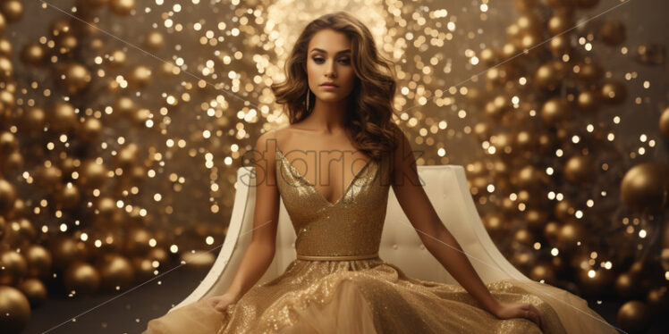 A girl in a golden dress in a Christmas atmosphere - Starpik Stock