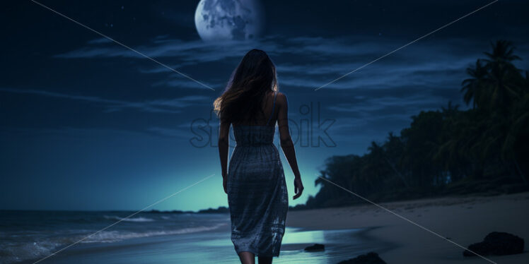 A girl was walking on the beach at night - Starpik Stock