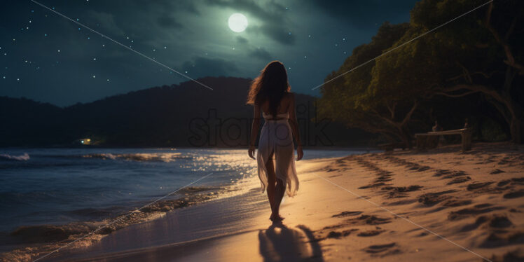 A girl was walking on the beach at night - Starpik Stock