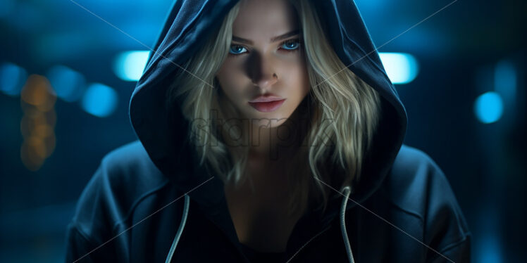 A girl with blond hair in a hooded sweatshirt - Starpik Stock