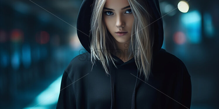 A girl with blond hair in a hooded sweatshirt - Starpik Stock