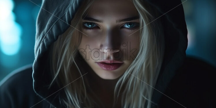 A girl with blond hair in a hooded sweatshirt - Starpik Stock