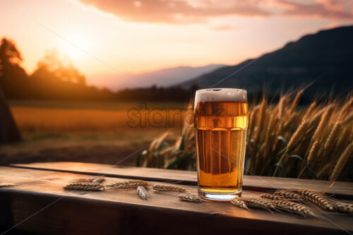 A glass of beer on a table with a wheat field in the background - Starpik