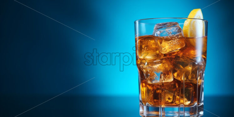 A glass of cold iced tea on a blue background - Starpik Stock