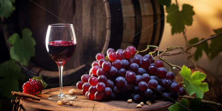 A glass of wine and grapes on a wooden barrels fresh - Starpik