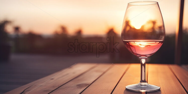 A glass of wine on a wooden table at a terrace - Starpik Stock