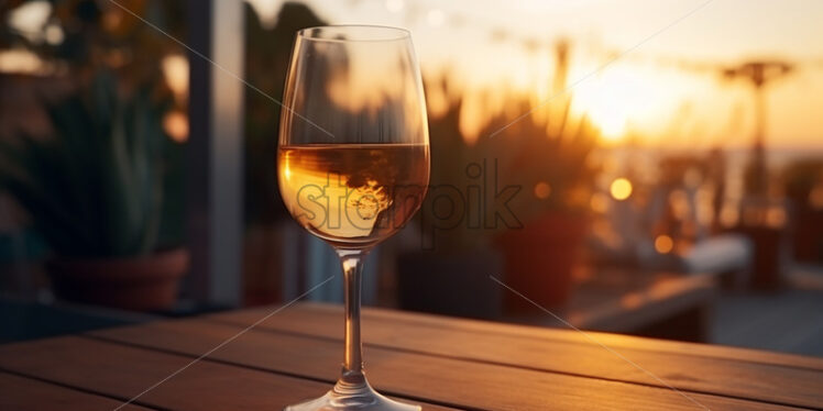 A glass of wine on a wooden table at a terrace - Starpik Stock