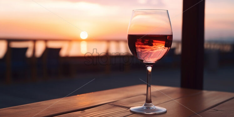 A glass of wine on a wooden table at a terrace - Starpik Stock