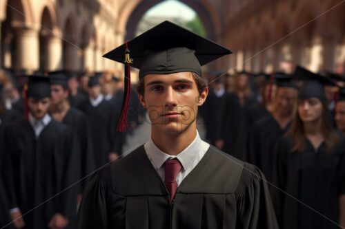 A graduate with a cap on his head in the foreground and more people in the background - Starpik Stock