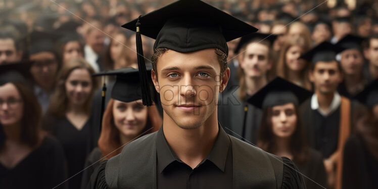 A graduate with a cap on his head in the foreground and more people in the background - Starpik Stock