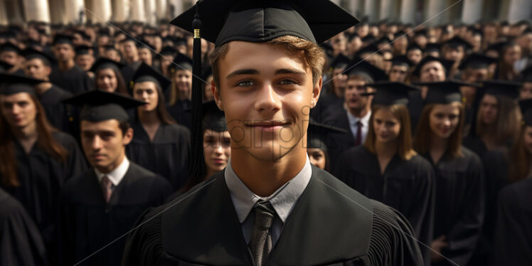 A graduate with a cap on his head in the foreground and more people in the background - Starpik Stock