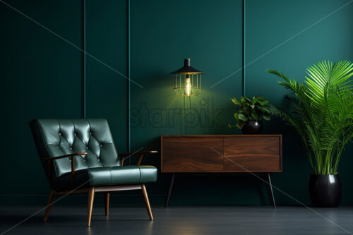 A green armchair with a dark green wall in the background - Starpik Stock