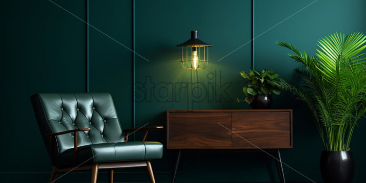 A green armchair with a dark green wall in the background - Starpik Stock