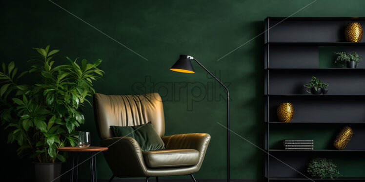 A green armchair with a dark green wall in the background - Starpik Stock