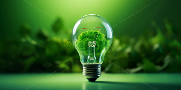 A green lamp and leaves on the background that symbolize green energy - Starpik Stock