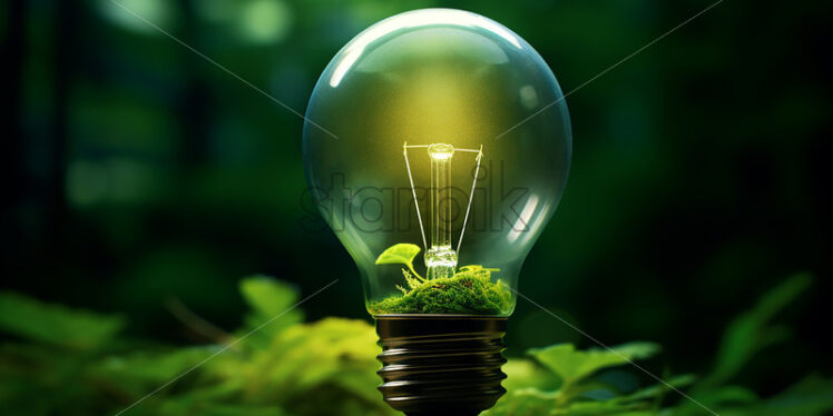 A green lamp and leaves on the background that symbolize green energy - Starpik Stock