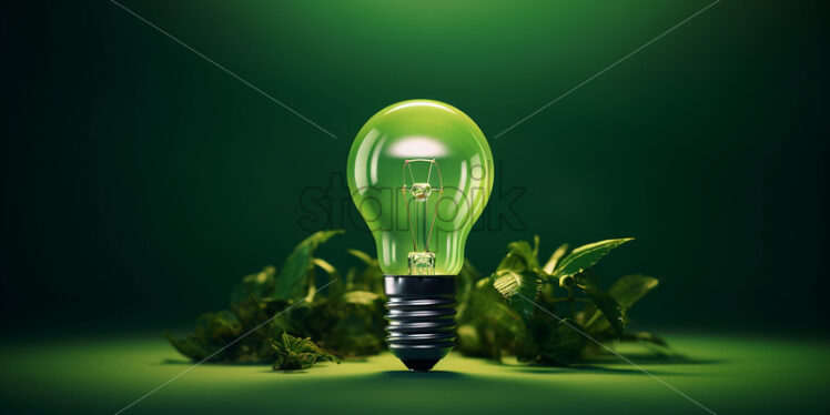 A green lamp and leaves on the background that symbolize green energy - Starpik Stock