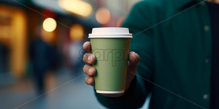 A green paper cup with tea in hand - Starpik Stock