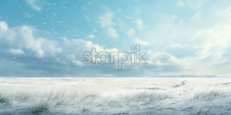 A green plain with snow on it, impressionist style painting - Starpik Stock