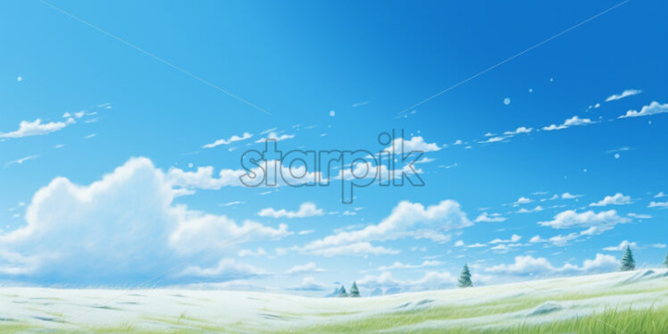 A green plain with snow on it, impressionist style painting - Starpik Stock