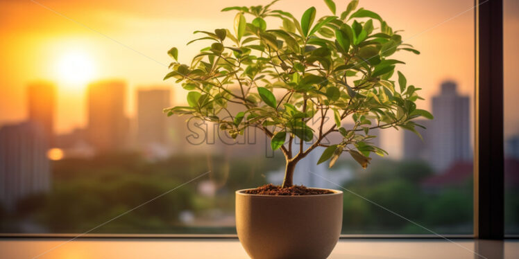 A green plant on a windowsill - Starpik Stock